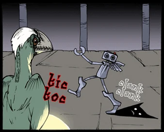 Robot marches along the bridge, casting Shadow the character behind him. A creepy green parrot like bird is in the foreground observing.