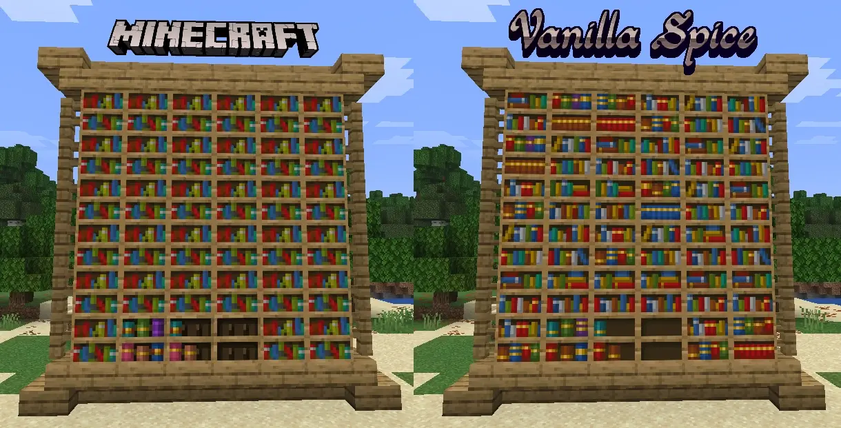 screenshot comparison of a bookshelf in my pack versus vanilla Minecraft.