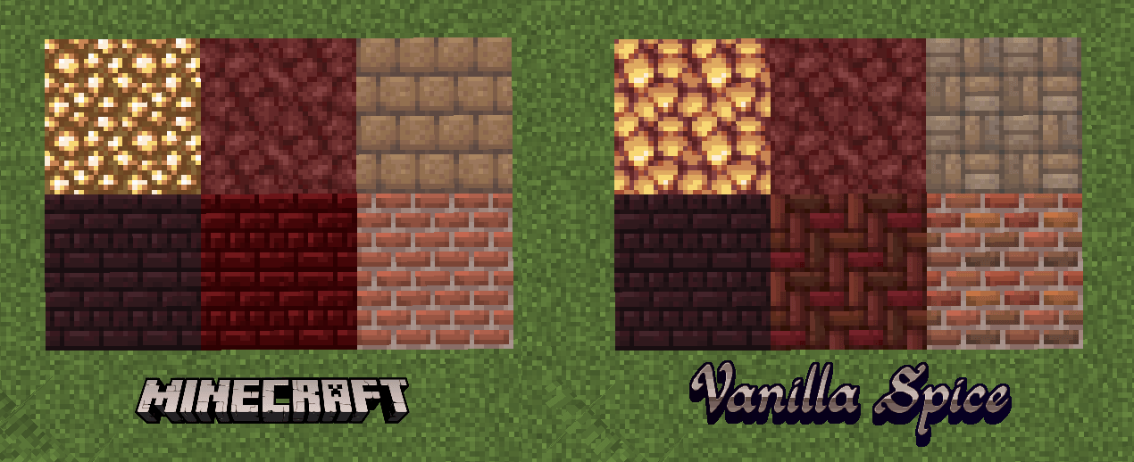 screenshot of bricks, netherrack bricks, and glowstone textures compared to vanilla Minecraft's.