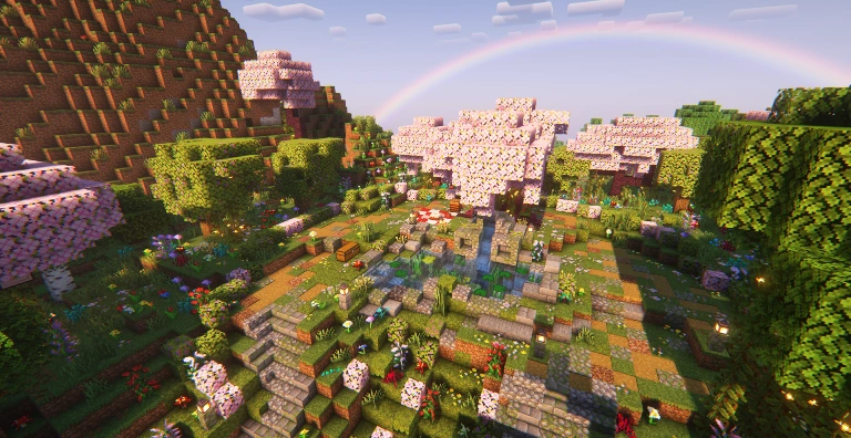 Bright sun shrining on a lush overgrown garden with mossy cobblestone paths that lead to a fountain in the middle. All around are trees, including some pink cherry trees.