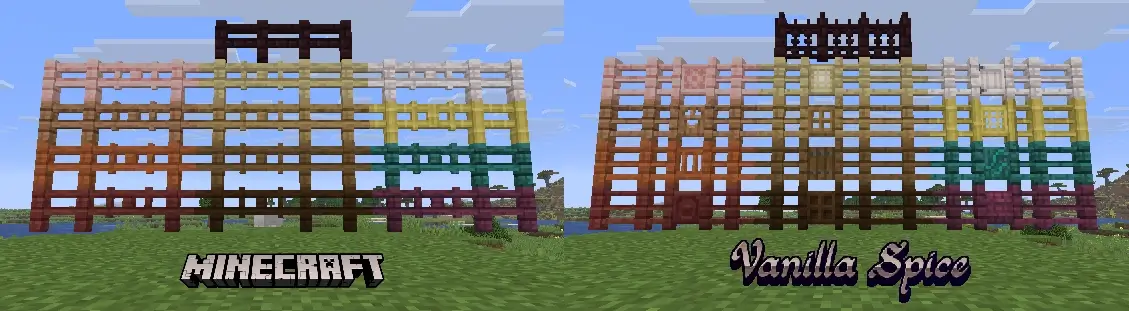screenshot comparison of fences in my pack versus vanilla Minecraft.