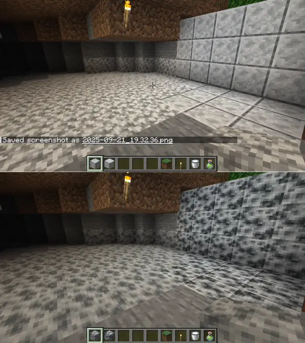 screenshot showing diorite and polished diorite in vanilla minecraft versus my first retexture of it.