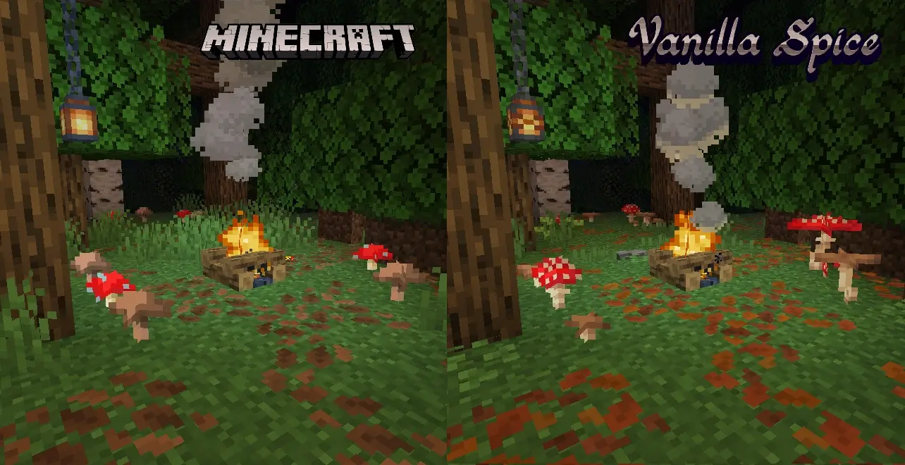 screenshot of a campfire in a forest, with leaves all over the grass.