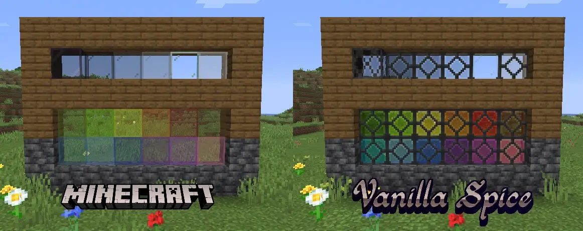 screenshot comparing my glass textures to vanilla Minecraft, mine are split into dark leaded panes and have richer colors.