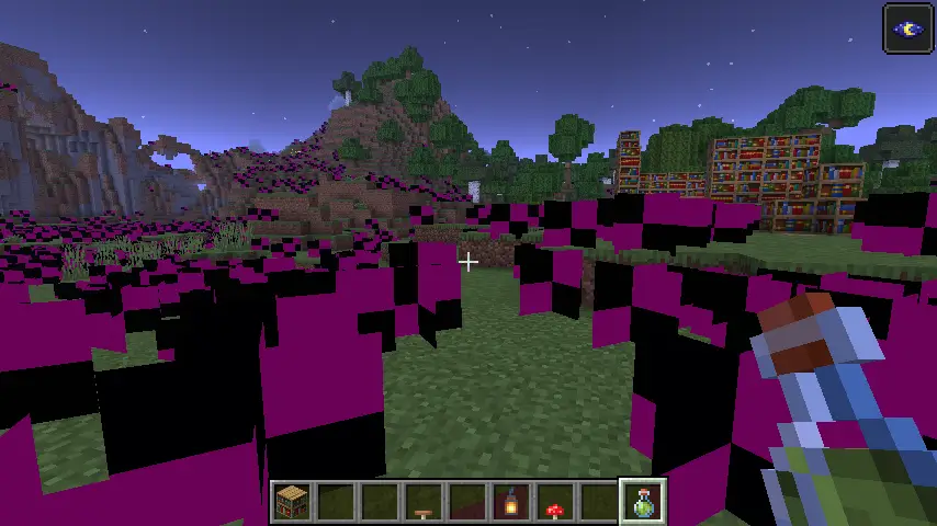 a minecraft landscape with a bunch of magenta and black missing texture squares in the cross shape of short grass.