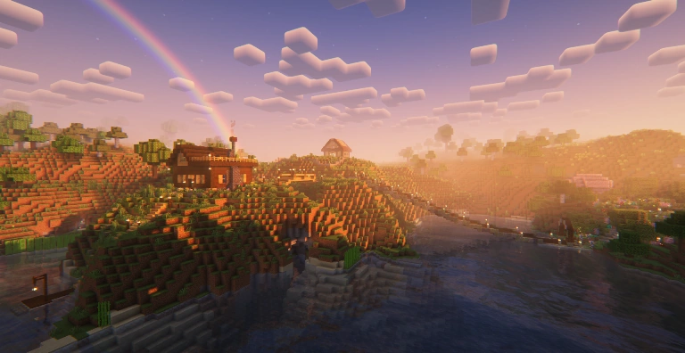 Sunny lightly foggy morning landscape of a little house on a hill surrounded by a river. One end of a rainbow is right behind the house.