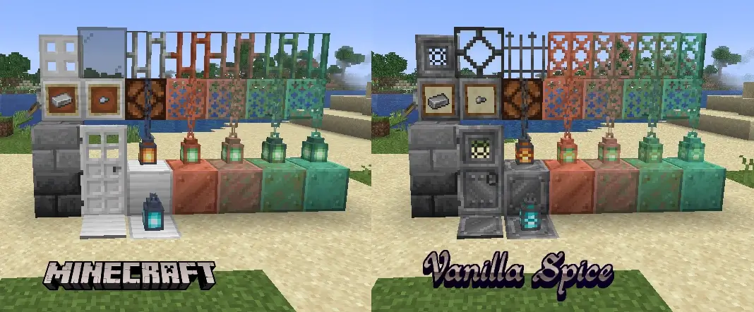 screenshot comparing my iron textures to vanilla Minecraft. My iron is noticably darker and more cohesive.