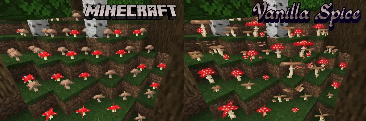 screenshot of red and brown mushrooms, showing all the varinats in my pack, compared to the mushrooms in vanilla.