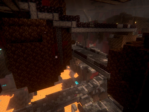 A series of four wide bridge paths crossing over each other, made of dark grey blocks and suspended over bright orange lava.