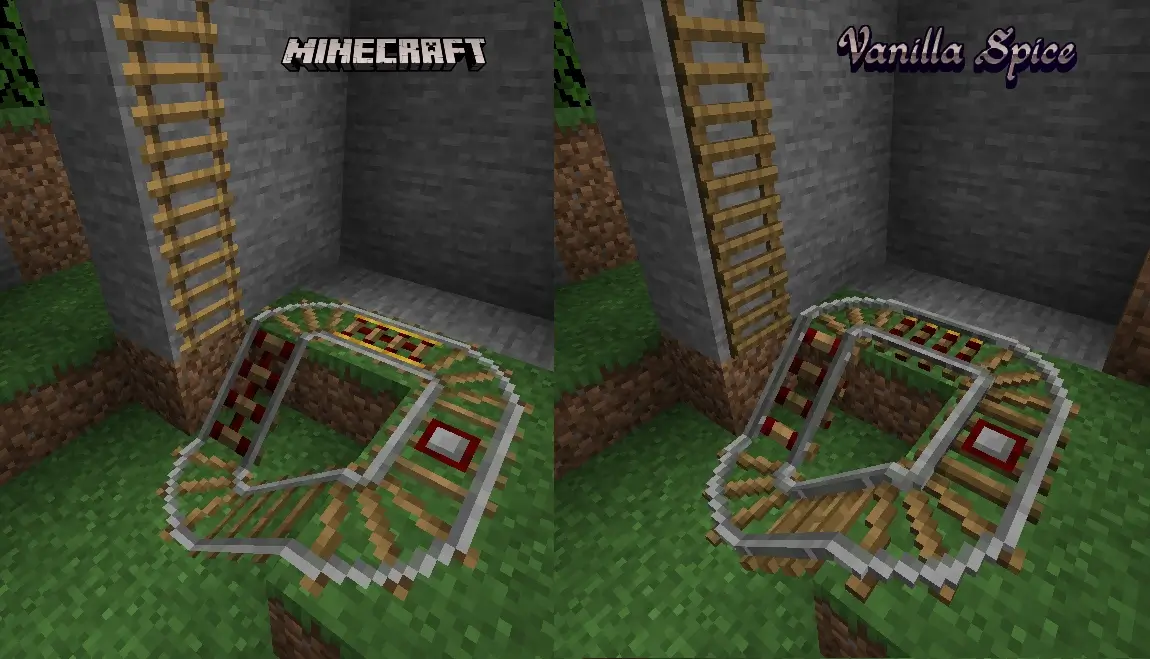 screenshot comparison of my ladder and rail models compared to vanilla Minecraft.