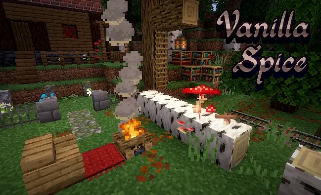screenshot featuring elements from my texture pack. Its a forest scene focusing on a fallen log with mushrooms growing on it. Beside the log is a campfire, behind it is a tree with a 3D ladder on it, and behind that is some bookshelves. Behind the campfire is a tiny graveyard which leads to a small house.