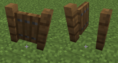 screenshot of a spruce gate closed and opened. It has a post on each side, and inbetween is a thin door that opens on the right side, the left staying at the post as if on hinges.