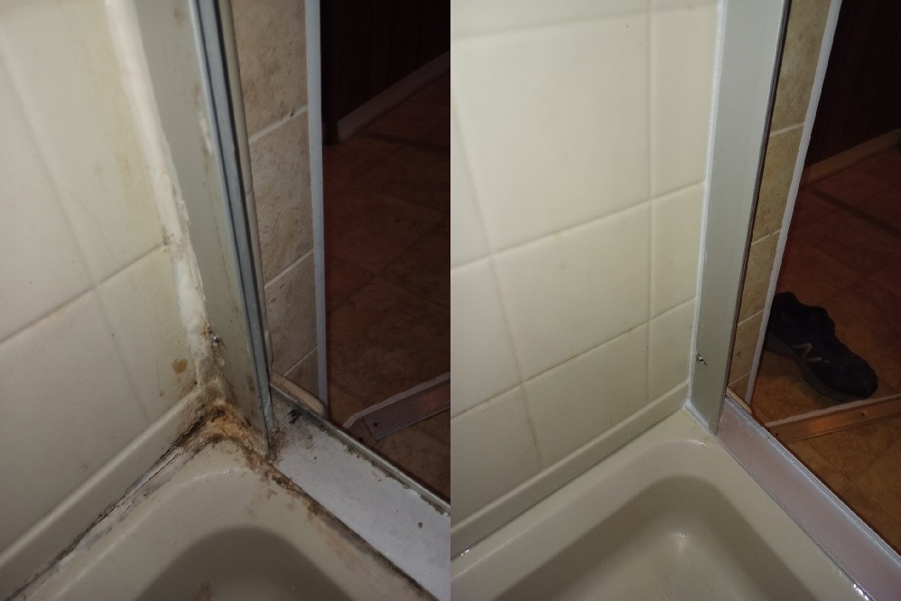 a before and after of a corner from the same shower. The before is very crusty and disgusting with thick cracked caulk, whereas the after has clean thin caulk.