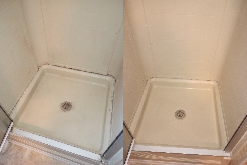 a before and after of a small walk-in shower. The before has crusty moldy caulk sealing the tray to the walls, and the after has clean caulk.