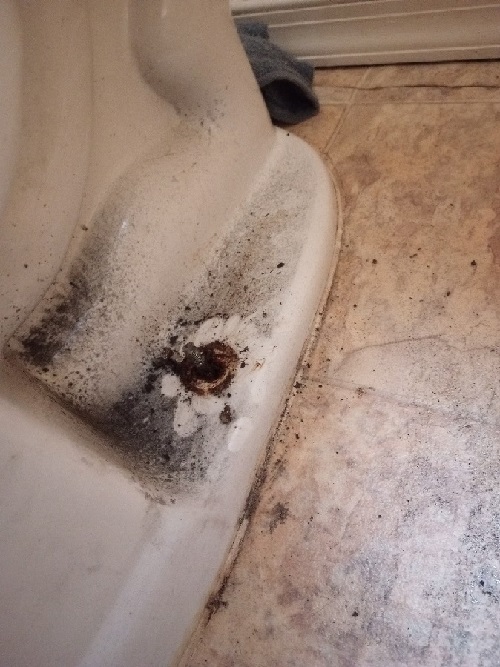 Base of a toilet with a bolt exposed. Soot is around the bolt.
