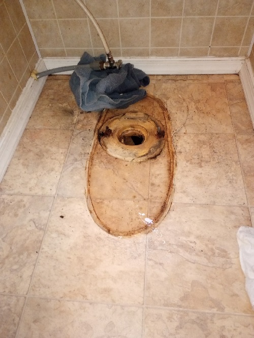 The toilet removed, exposing darker dirtier floor underneith it, and a thick wax disc around the hole.