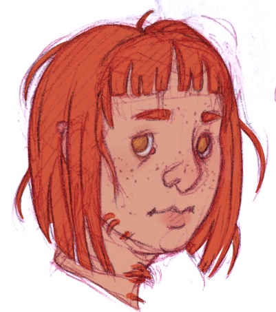Colored sketch of Cinnamon with a messy bob.
