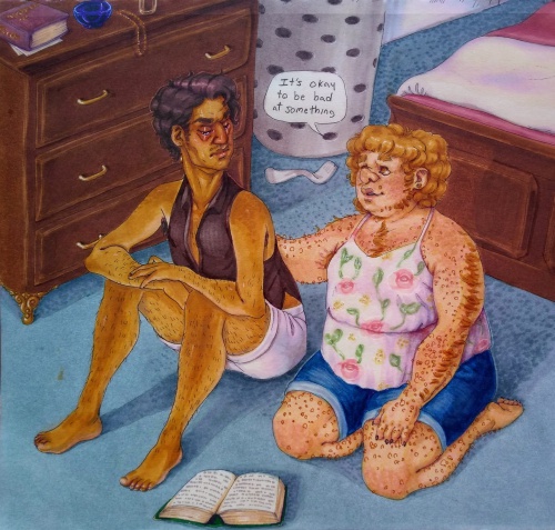 Colored marker drawing of Mark and Lazaro in a bedroom, Mark comforting an upset Lazaro.