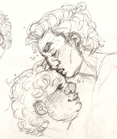 Portraits of Lazaro kissing Mark's forhead.