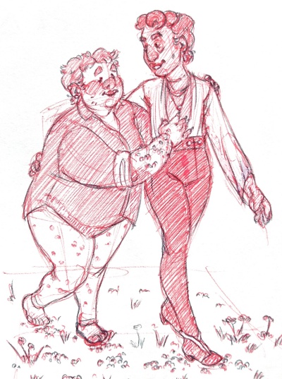 Cartoony sketch of Mark and Lazaro walking together, Lazaro resting his hand on Marks back, and Mark holding on to Lazaro's shoulder and chest.