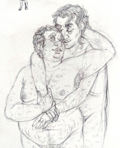 Lazaro hugging Mark from behind, and Mark reaching up behind to hold Lazaros head. Both are naked.