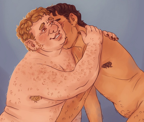 Colored digital drawing of Lazaro climbing onto Mark, kissing his neck. Mark is holding onto Lazaro's neck, smiling and scrunching his face.
