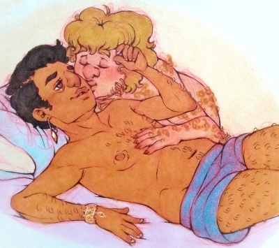 Colored drawing of Mark kissing Lazaro who is laying in bed in his boxers.