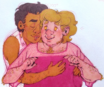 Colored drawing of Lazaro hugging Mark from behind.