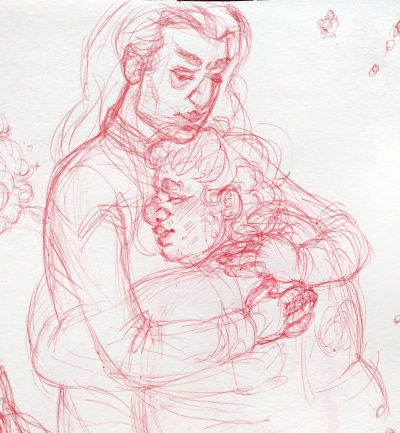 Pen sketch of Lazaro hugging Mark to comfort him. Both in starfleet uniforms.