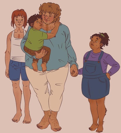 Fullbody colored digital drawing of Mark and three werewolf kids. Mark is holding the hand of an 8 year old girl and holding a todler in his other arm. Cinnamon stands behind him, looking straight at the viewer. She is almost as tall as him, wearing a white tank top and jean shorts.