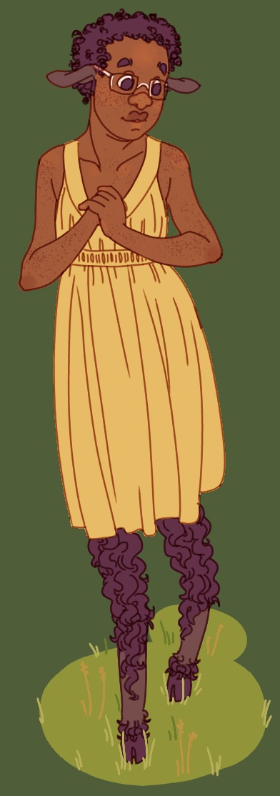 Fullbody colored digital drawing of Laila in a yellow sundress. She has faun legs with curly black fur, and black faun ears.
