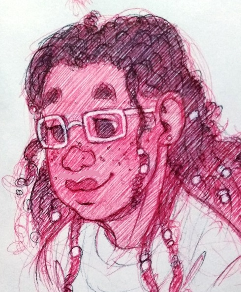 Red pen sketch of Laila with locs.