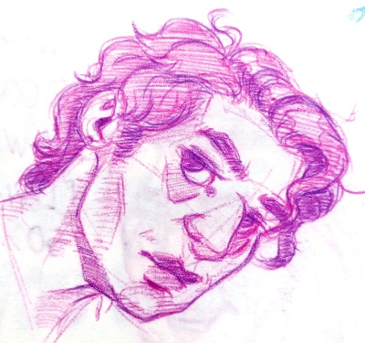 Pink pen drawing of Lazaro looking to the side.