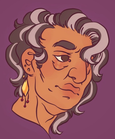 digital colored portrait of older Lazaro. He has grey streaks in his hair and wrinkles.