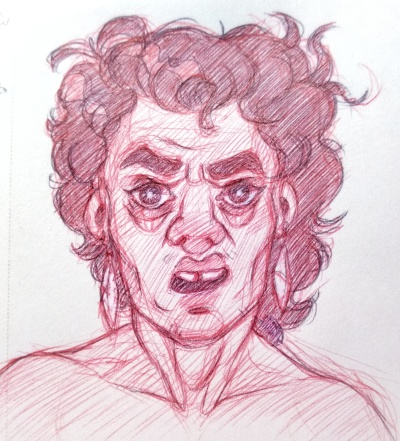 Portrait sketch of Lazaro with a shocked and disgusted look on his face.