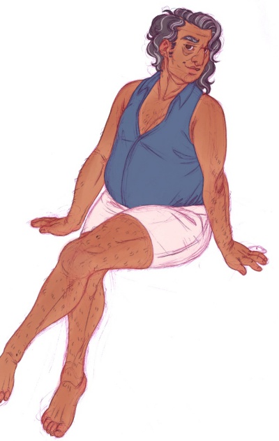 60 some year old Lazaro with greying hair sitting. He's got white shorts and a teal button up blouse. He's noticably heavier than usually drawn, giving him a more grandfatherly frame.