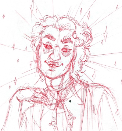 Sketch of Lazaro holding his hand to his face, looking smug.