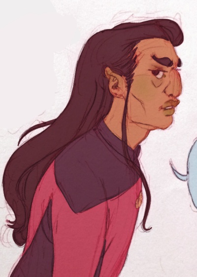 Colored sketch of Vulcan Lazaro in a red Starfleet uniform. A profile view of him with long hair as he looks to the side.