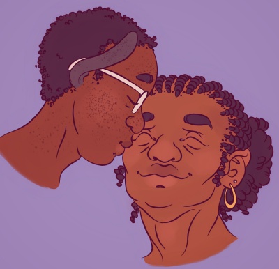 Colored digital portrait of Laila kissing Gabrielle on her cheek.