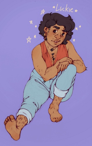 Digitally colored sketch of Lucky sitting on the ground, wearing jeans and a red tank top. They have tan skin.