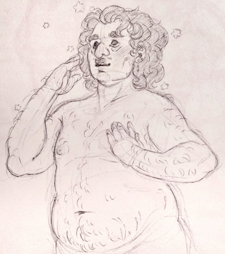 Upper body sketch of Lucky without a shirt, with one hand to their face, looking mesmerized.