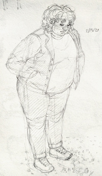 Full body sketch of mark looking at the ground. He's wearing jeans and a denim jacket.