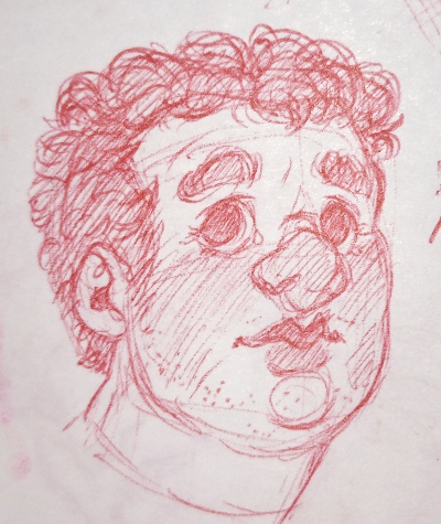 Red pen sketch of Mark looking up.