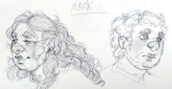 Two sketches of Mark. One he's looking calm with long curly hair. Second he's looking apprehensive with short hair.