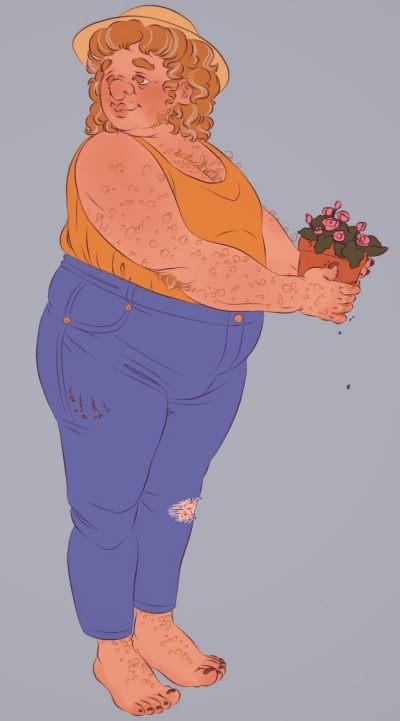Colored digital drawing of Mark holding a potted plant. He's a little older, in his 50s with grey strands in his hair. He's wearing a mustard yellow tank top tucked into dark blue jeans.