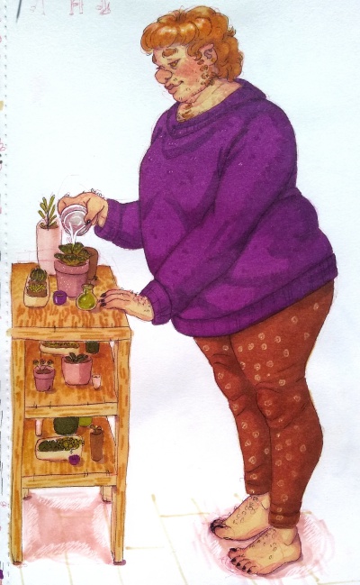 Marker drawing of Mark wearing a purple sweater and brown leggings. He's watering a plant on a stand of plants.