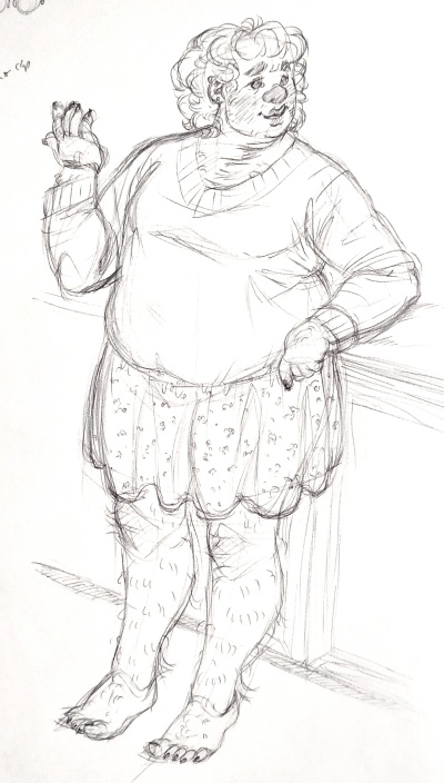Sketch of Mark wearing a sweater tucked into a skirt. Hes talking and leaning against a counter.