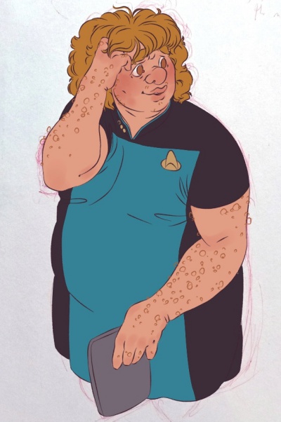 Upper body colored drawing of Mark in a blue Starfleet skant uniform, holding a pad tablet in one hand, with his other hand in his hair, looking flustered.