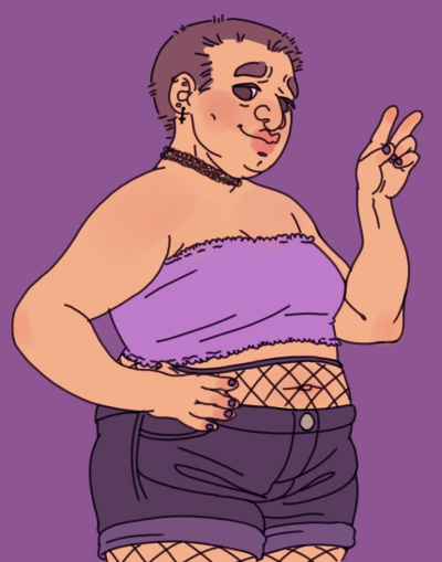 Digital colored drawing of Opal smiling and holding up a peace sign. She is wearing a purple crop top, black denim shorts, fishnets, and a choker.