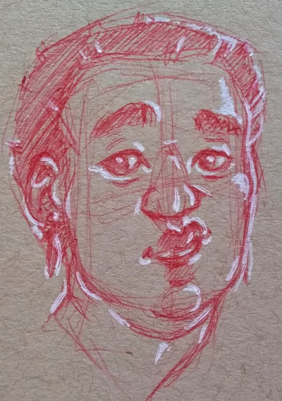 red pen sketch of Opal on brown paper, shes looking amused at the viewer.